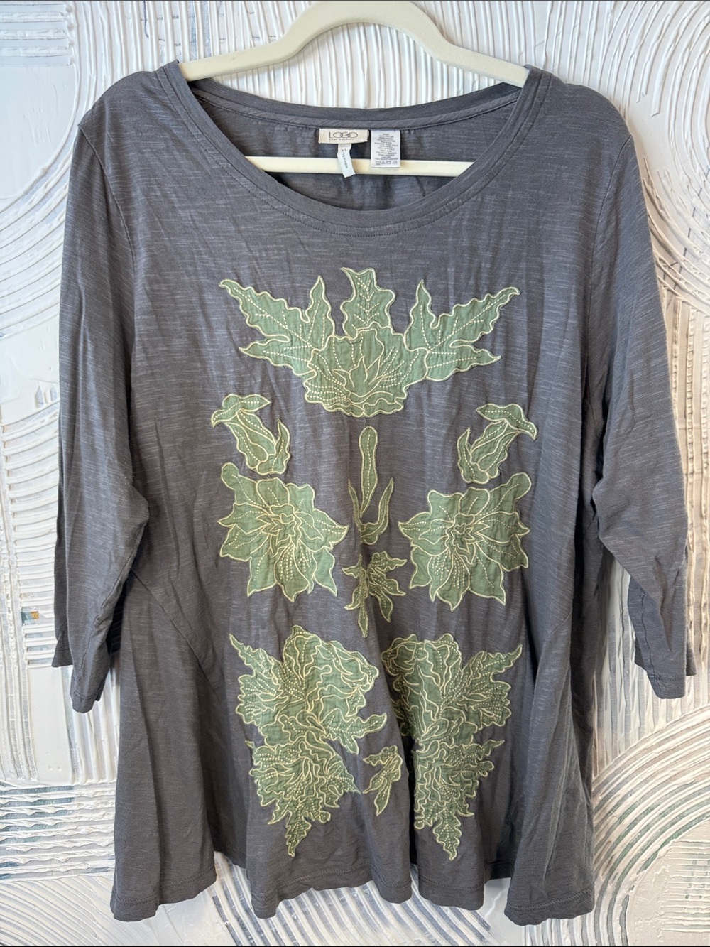 LOGO by Lori Goldstein Charcoal Long-Sleeve Top with Floral Embroidery N0535